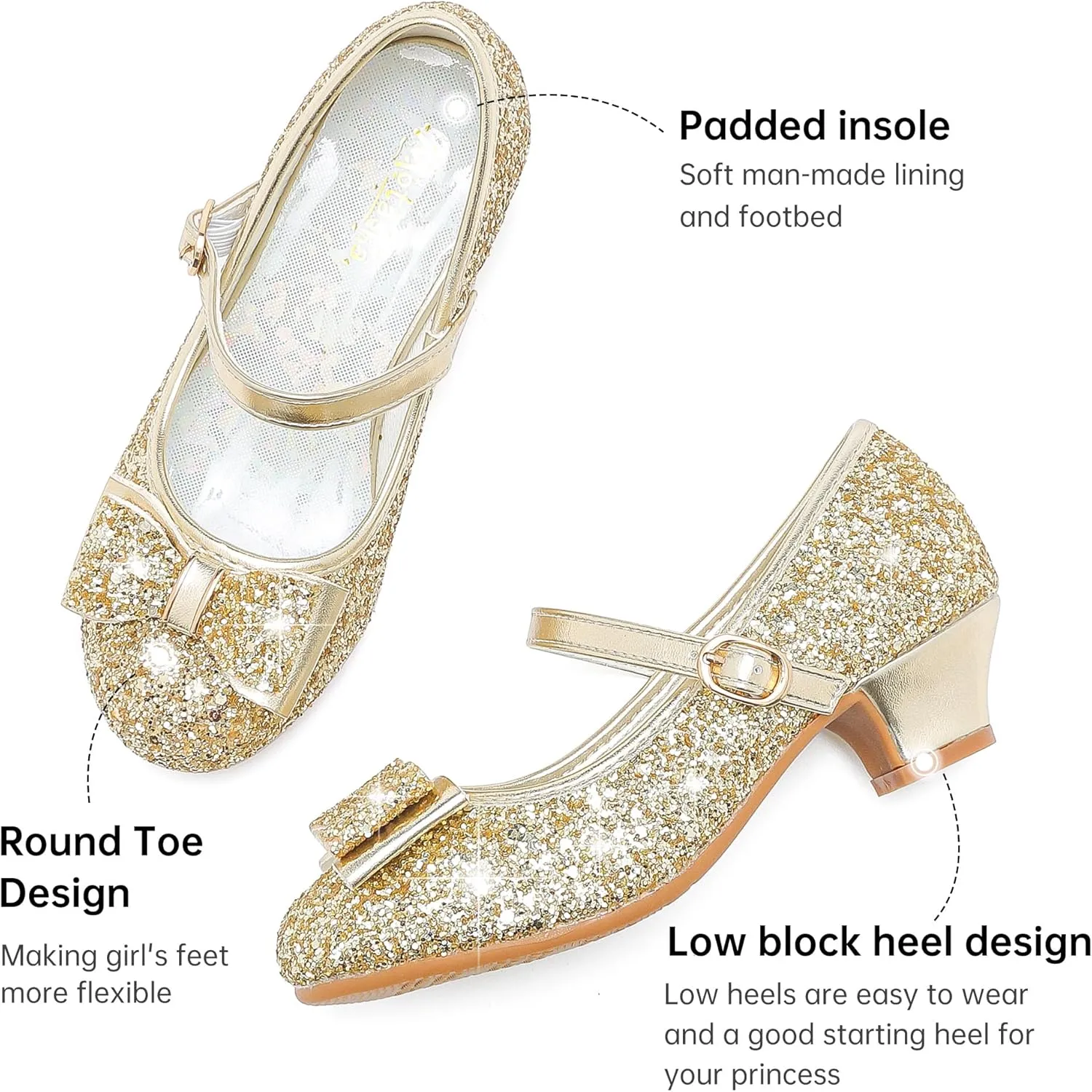 Girls Dress Shoes Glitter Princess Shoes Flower Girls Heels Birthday Christmas Wedding Party for Toddler Little Big Kid