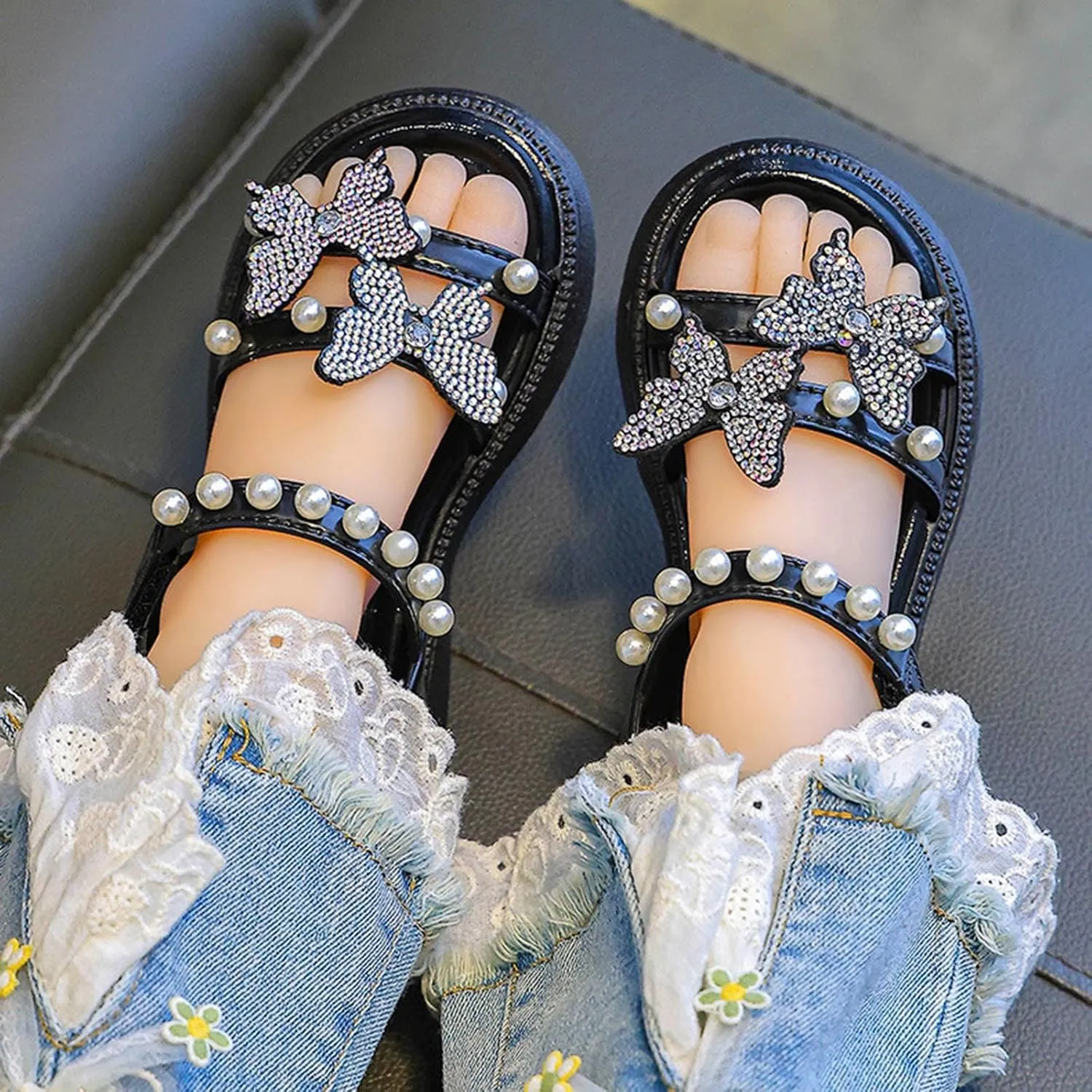 Girls Sandals Low Heel Girls Shoes Sandals Bow Casual Middle And Large Children's Shoes Soft Sole Children's Open Toe Pearl