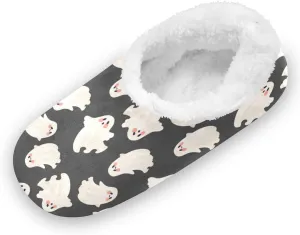 Gredecor Pink Halloween Girls Slippers Cute Pink Ghosts on Dark Home House Fuzzy Slippers Indoor Soft Casual Shoes,12-13.5