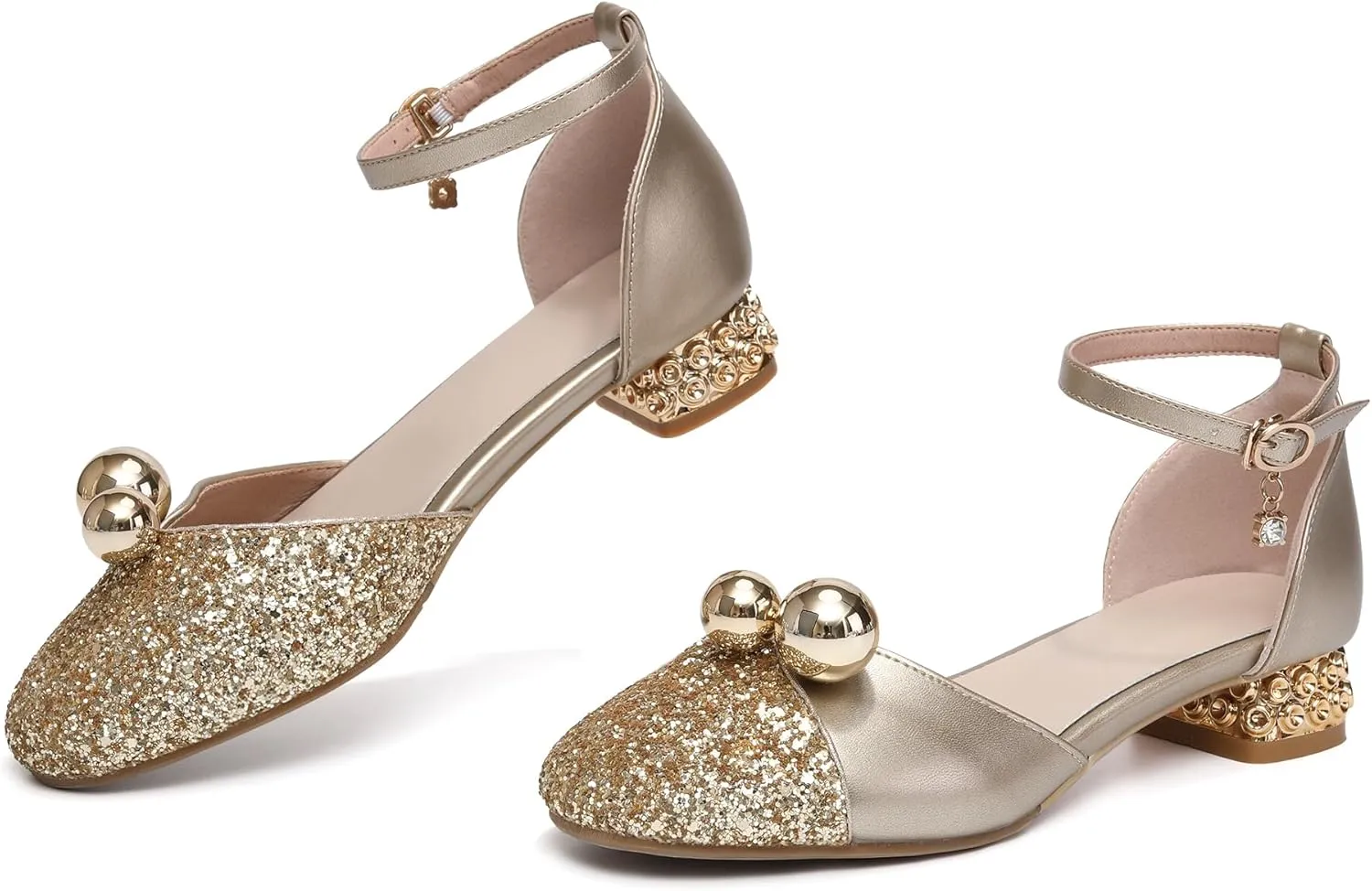 HROYL Girls Party Low Heel Princess Shoes Crystal Pearls Dance Shoes Closed Toe Ballet Flats, Model DS1868