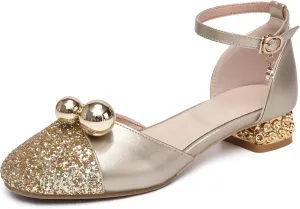 HROYL Girls Party Low Heel Princess Shoes Crystal Pearls Dance Shoes Closed Toe Ballet Flats, Model DS1868