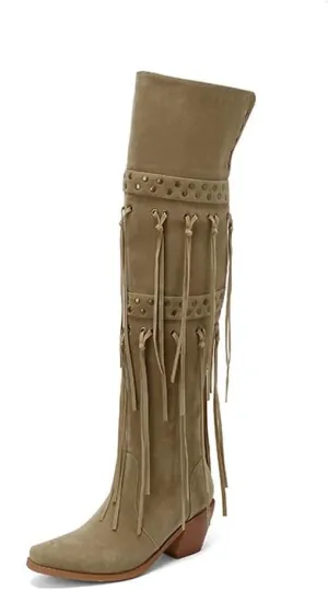 keleimusi Womens Tassels Over the Knee Boots Western Cowboy Cowgirl Tassel Chunky Heeled Thigh High Boho Boot