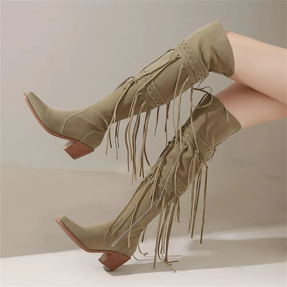 keleimusi Womens Tassels Over the Knee Boots Western Cowboy Cowgirl Tassel Chunky Heeled Thigh High Boho Boot