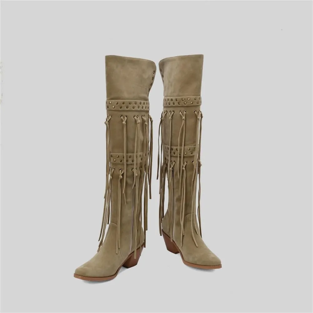 keleimusi Womens Tassels Over the Knee Boots Western Cowboy Cowgirl Tassel Chunky Heeled Thigh High Boho Boot