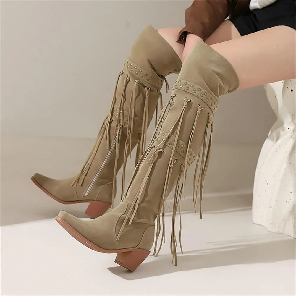 keleimusi Womens Tassels Over the Knee Boots Western Cowboy Cowgirl Tassel Chunky Heeled Thigh High Boho Boot