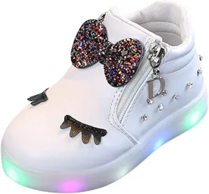 Kids Baby Girls Shoes Sneakers Crystal LED Light Up Luminous Bowknot Sneakers Winter Warmfor Toddler 1-6Years