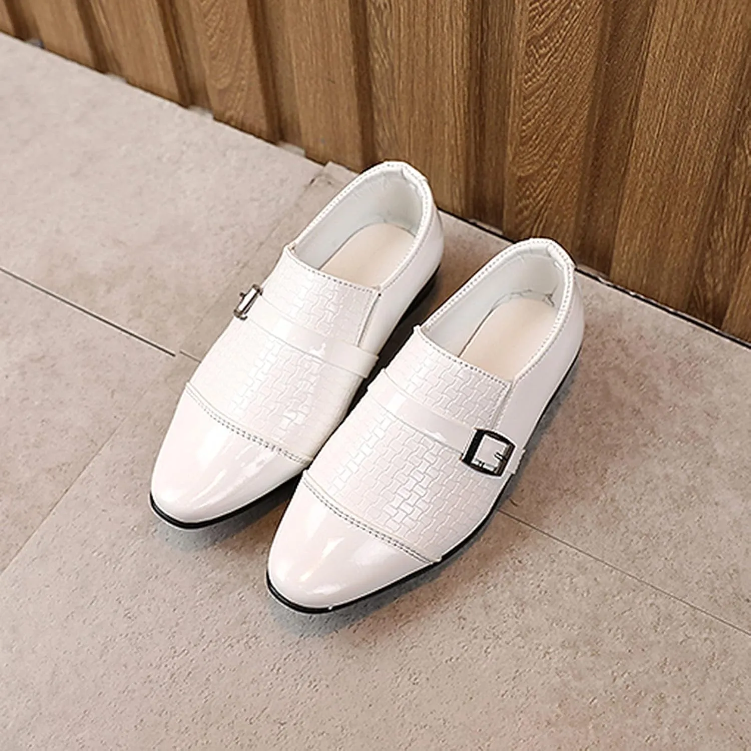 Kids Boys Slip On Leather Loafer Shoes Little Kid Big Kid School Student Shoes British Style Dress Shoes (White, 12.5 Little Kids)