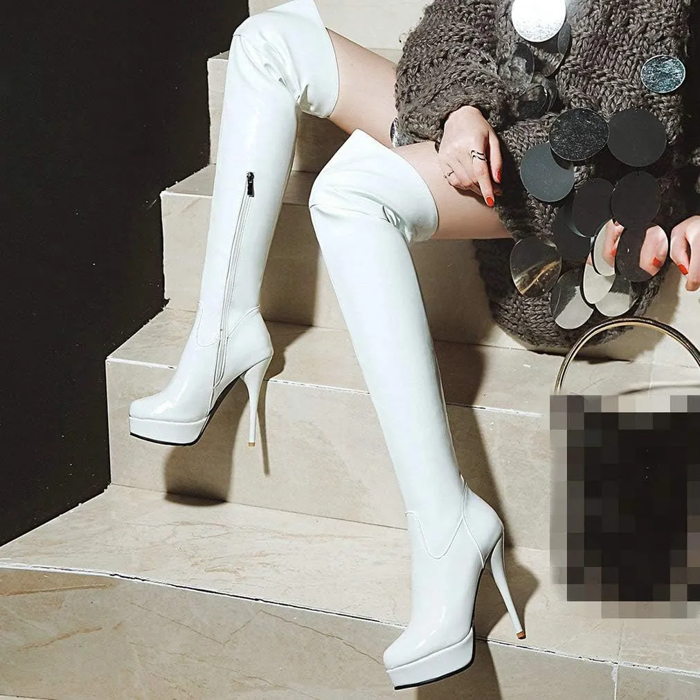 KOKOMOMO Women Stiletto Patent Leather Thigh High Heel Platform Over The Knee Boots