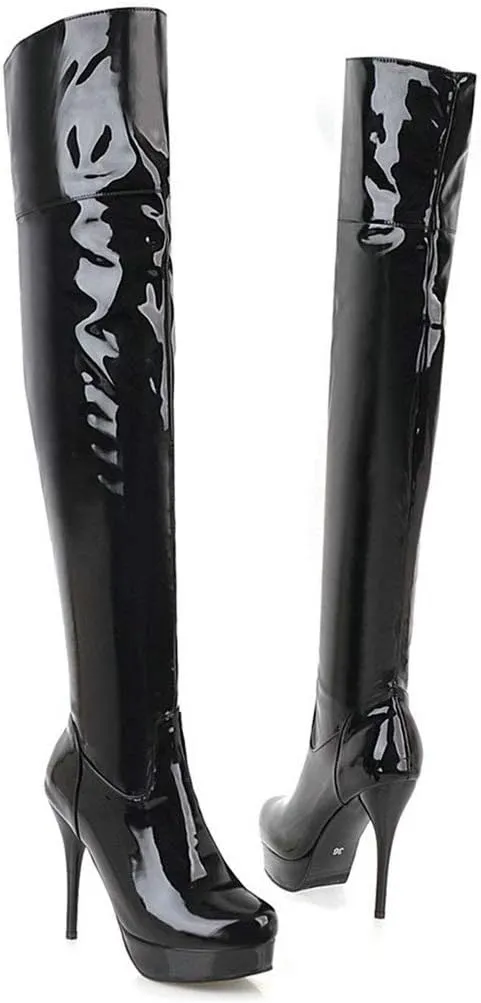 KOKOMOMO Women Stiletto Patent Leather Thigh High Heel Platform Over The Knee Boots