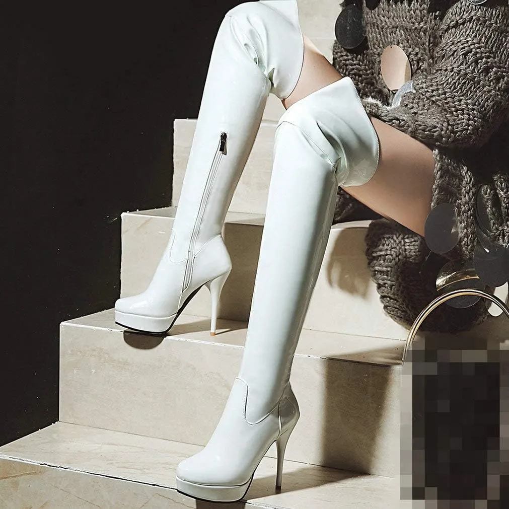 KOKOMOMO Women Stiletto Patent Leather Thigh High Heel Platform Over The Knee Boots