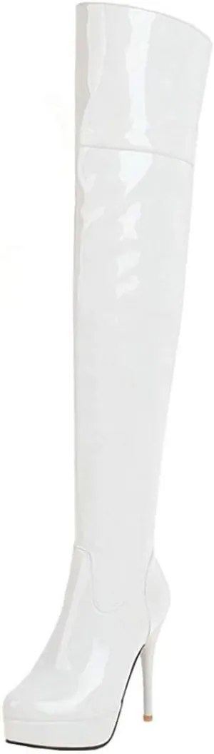 KOKOMOMO Women Stiletto Patent Leather Thigh High Heel Platform Over The Knee Boots