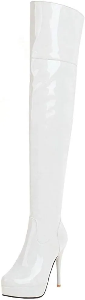 KOKOMOMO Women Stiletto Patent Leather Thigh High Heel Platform Over The Knee Boots