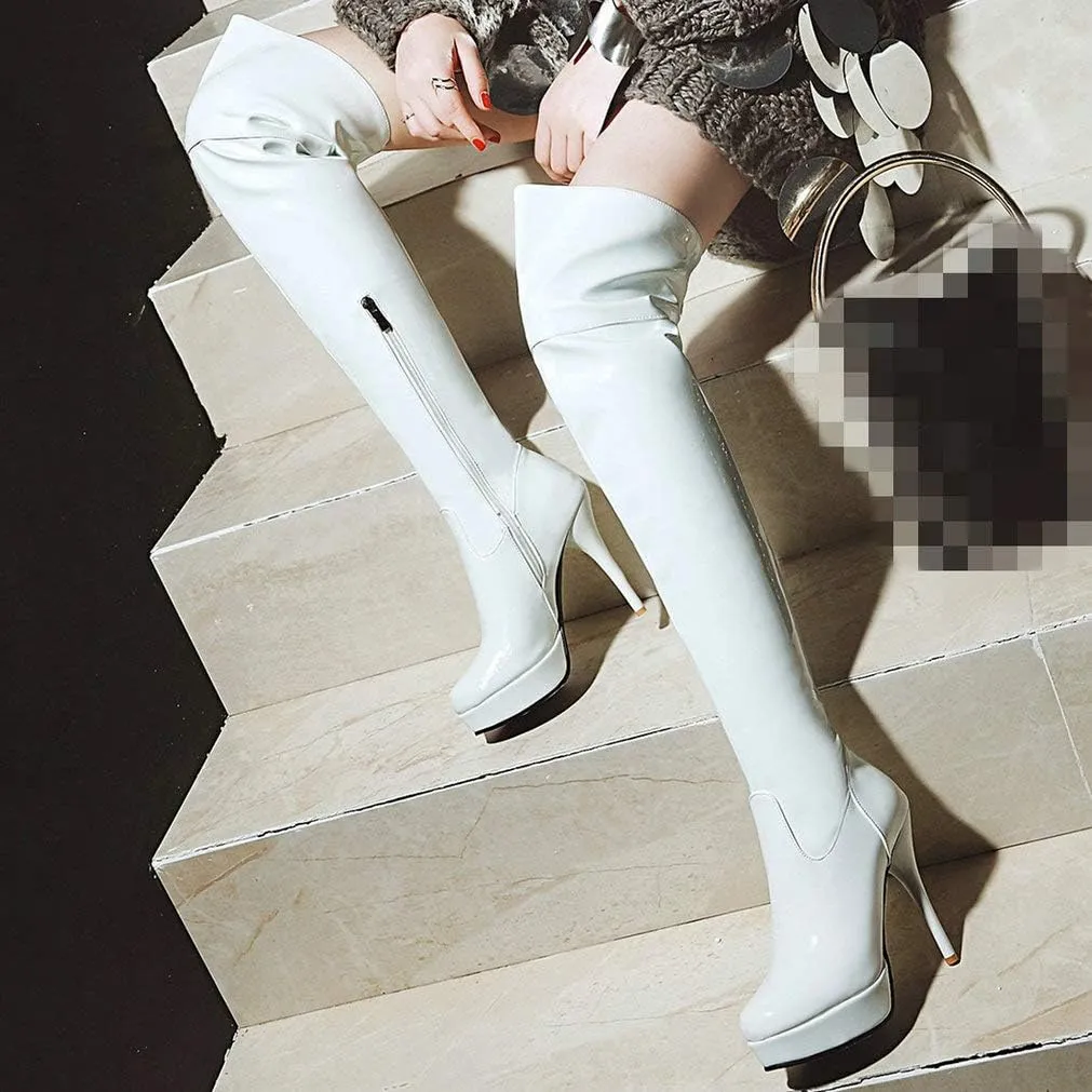 KOKOMOMO Women Stiletto Patent Leather Thigh High Heel Platform Over The Knee Boots