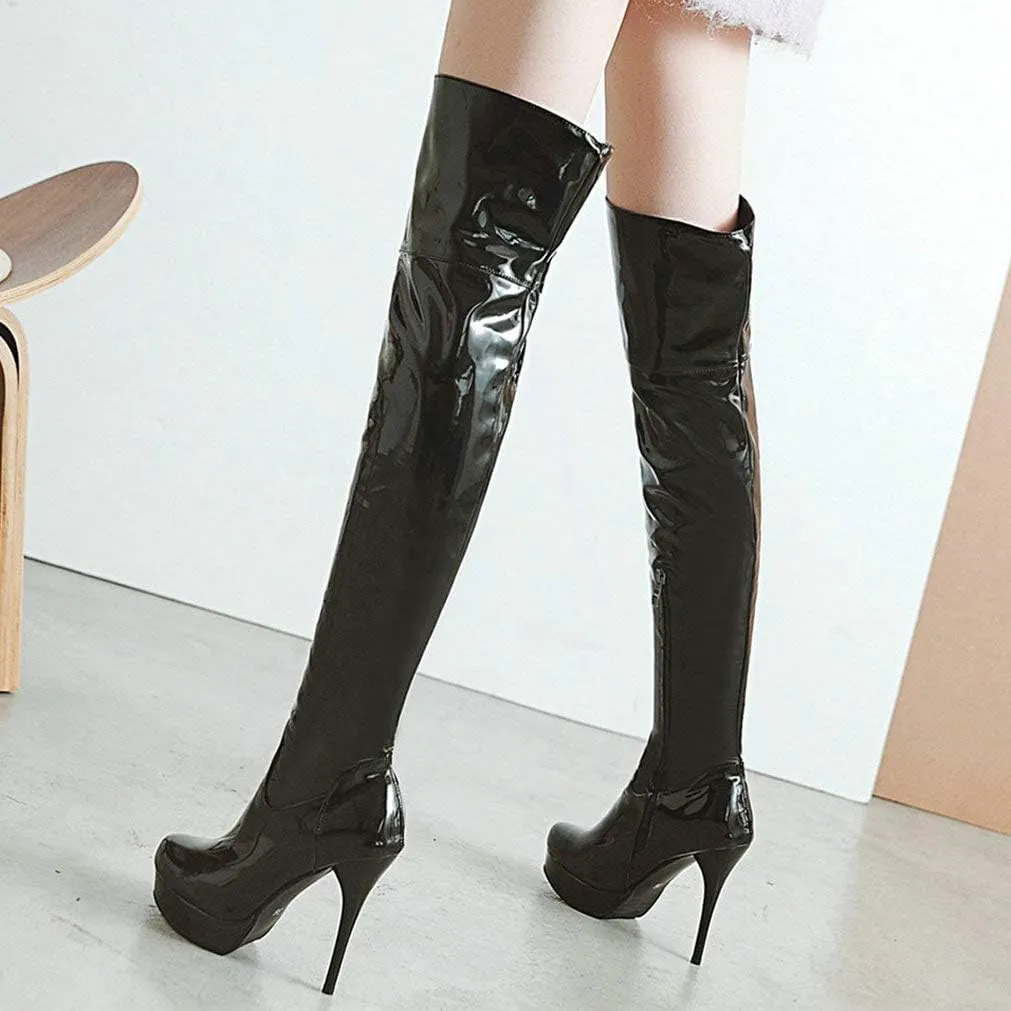 KOKOMOMO Women Stiletto Patent Leather Thigh High Heel Platform Over The Knee Boots