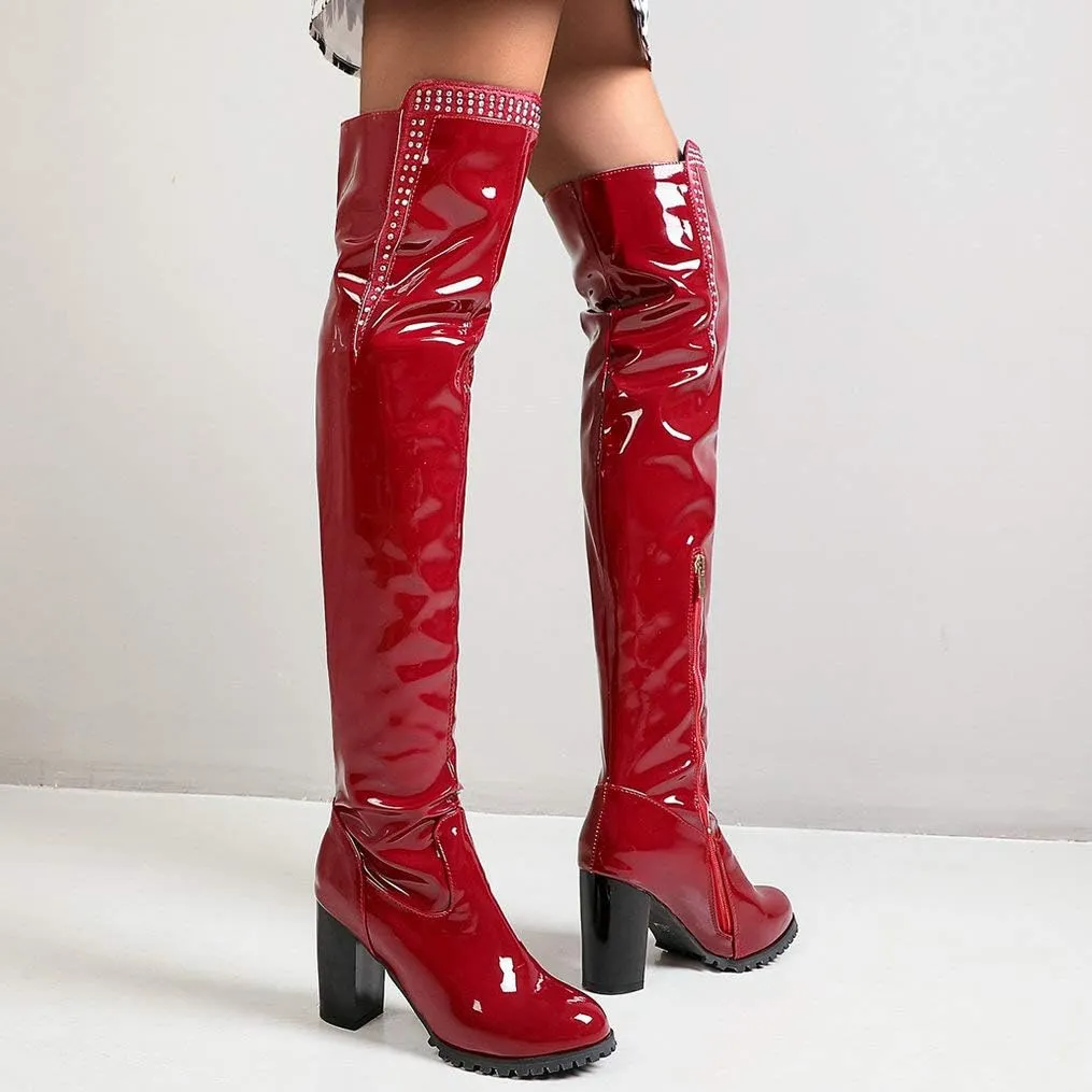 LUXMAX Women Patent Leather Thigh High Boots Block High Heels Zip Up Over The Knee Boots