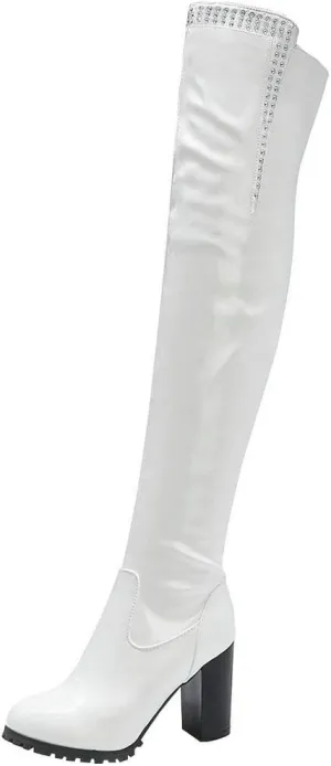 LUXMAX Women Patent Leather Thigh High Boots Block High Heels Zip Up Over The Knee Boots