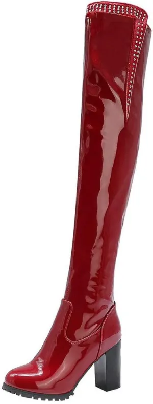 LUXMAX Women Patent Leather Thigh High Boots Block High Heels Zip Up Over The Knee Boots