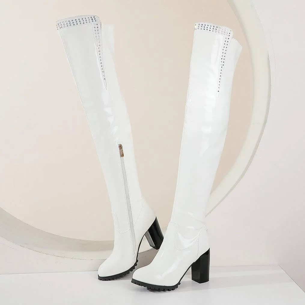 LUXMAX Women Patent Leather Thigh High Boots Block High Heels Zip Up Over The Knee Boots