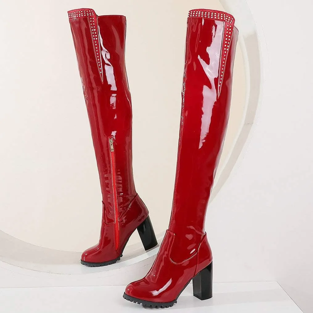 LUXMAX Women Patent Leather Thigh High Boots Block High Heels Zip Up Over The Knee Boots