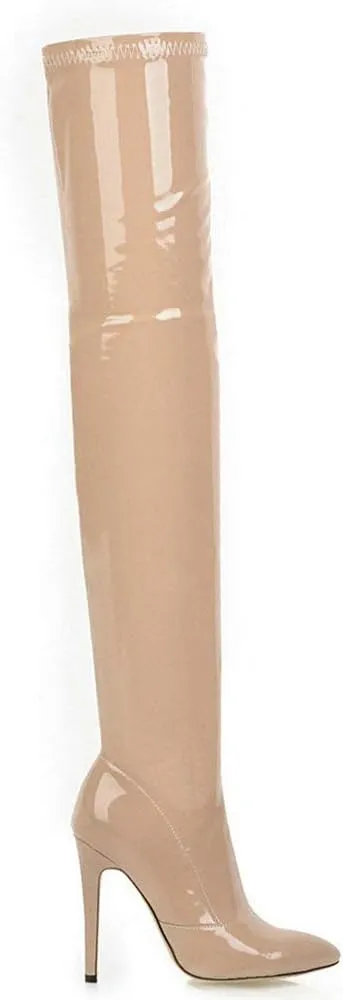 LUXMAX Women Patent Leather Thigh High Boots Stiletto High Heel Pointed Toe Over The Knee Boots