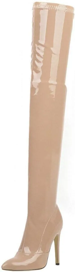 LUXMAX Women Patent Leather Thigh High Boots Stiletto High Heel Pointed Toe Over The Knee Boots