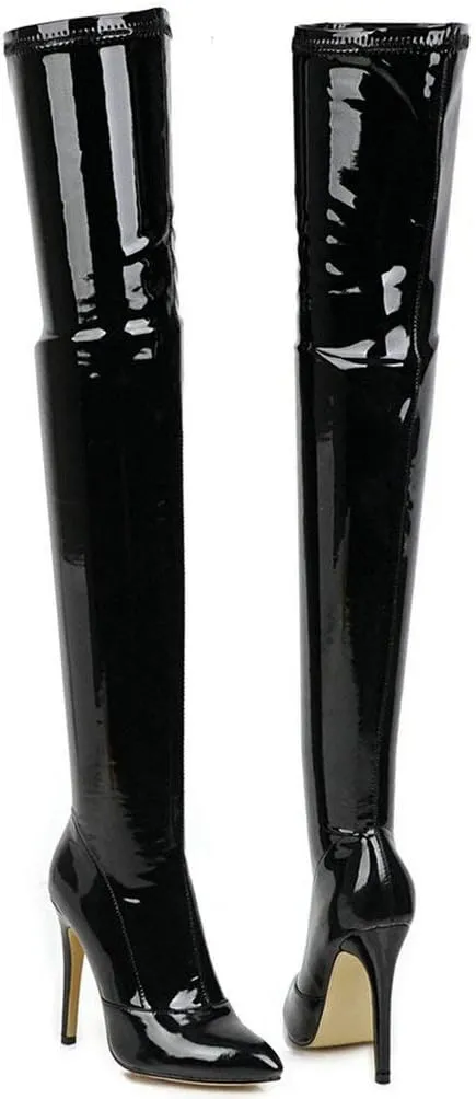 LUXMAX Women Patent Leather Thigh High Boots Stiletto High Heel Pointed Toe Over The Knee Boots