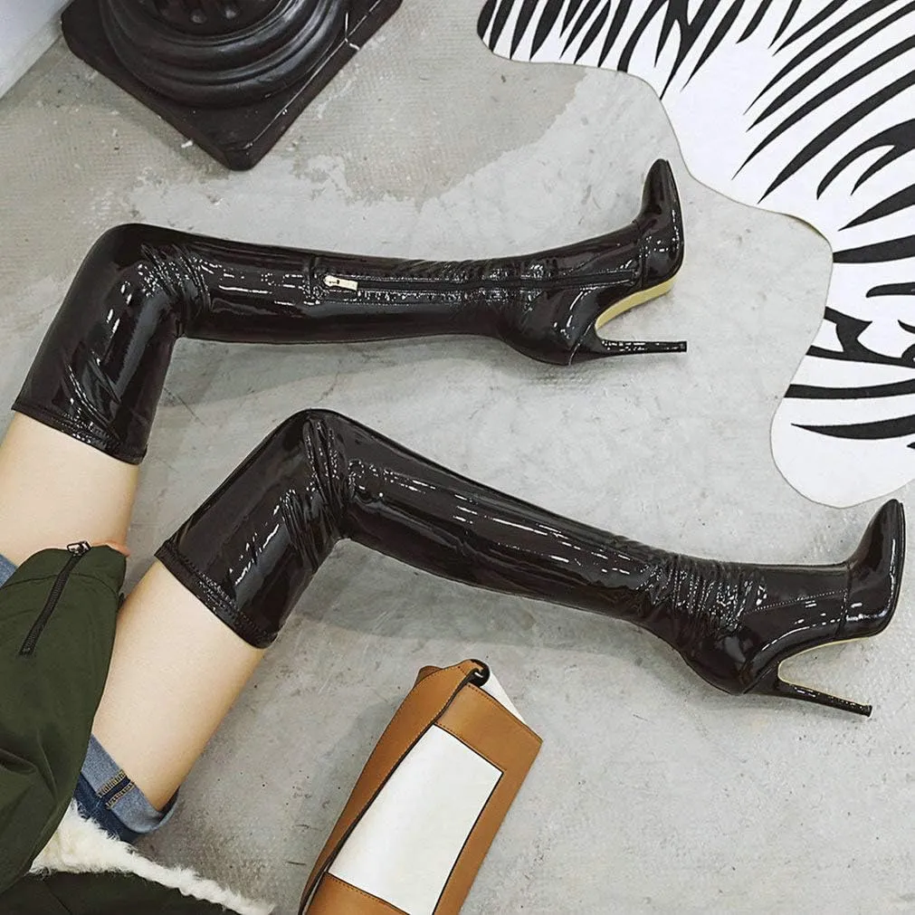 LUXMAX Women Patent Leather Thigh High Boots Stiletto High Heel Pointed Toe Over The Knee Boots