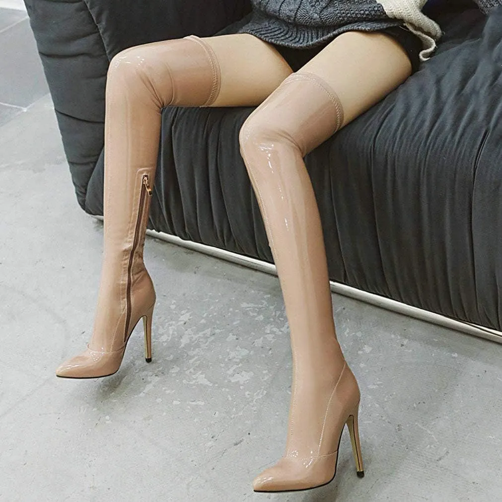 LUXMAX Women Patent Leather Thigh High Boots Stiletto High Heel Pointed Toe Over The Knee Boots