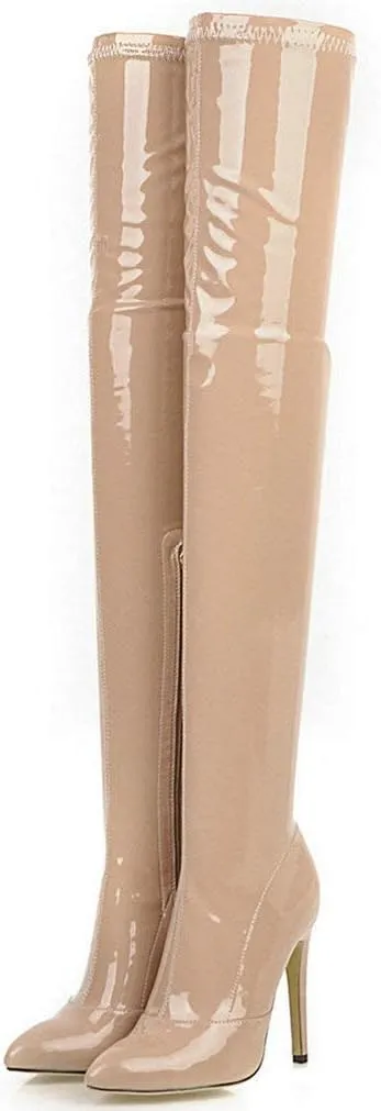 LUXMAX Women Patent Leather Thigh High Boots Stiletto High Heel Pointed Toe Over The Knee Boots