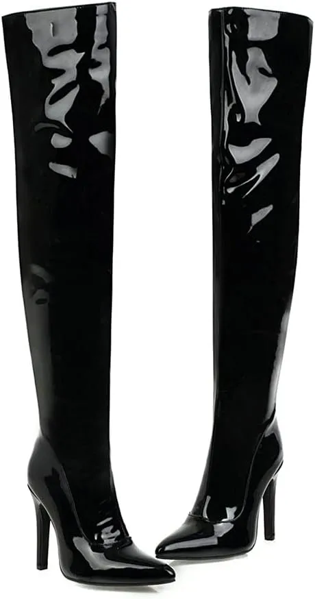 LUXMAX Women Patent Leather Thigh High Boots Stiletto High Heel Pointed Toe Stretch Over The Knee Boots