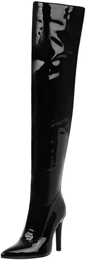 LUXMAX Women Patent Leather Thigh High Boots Stiletto High Heel Pointed Toe Stretch Over The Knee Boots