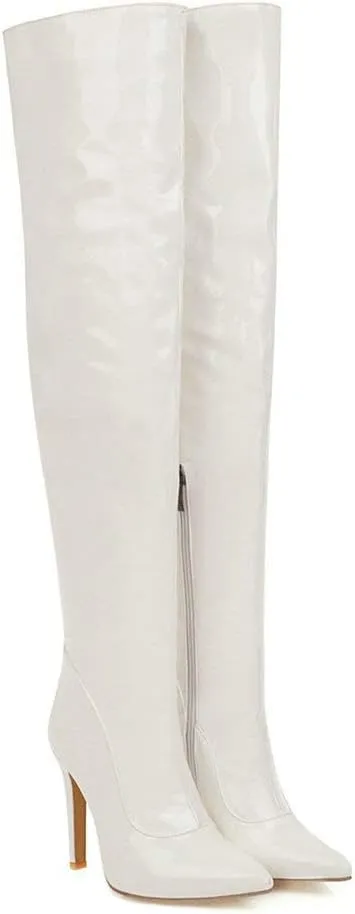LUXMAX Women Patent Leather Thigh High Boots Stiletto High Heel Pointed Toe Stretch Over The Knee Boots