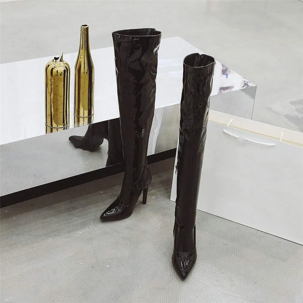 LUXMAX Women Patent Leather Thigh High Boots Stiletto High Heel Pointed Toe Stretch Over The Knee Boots