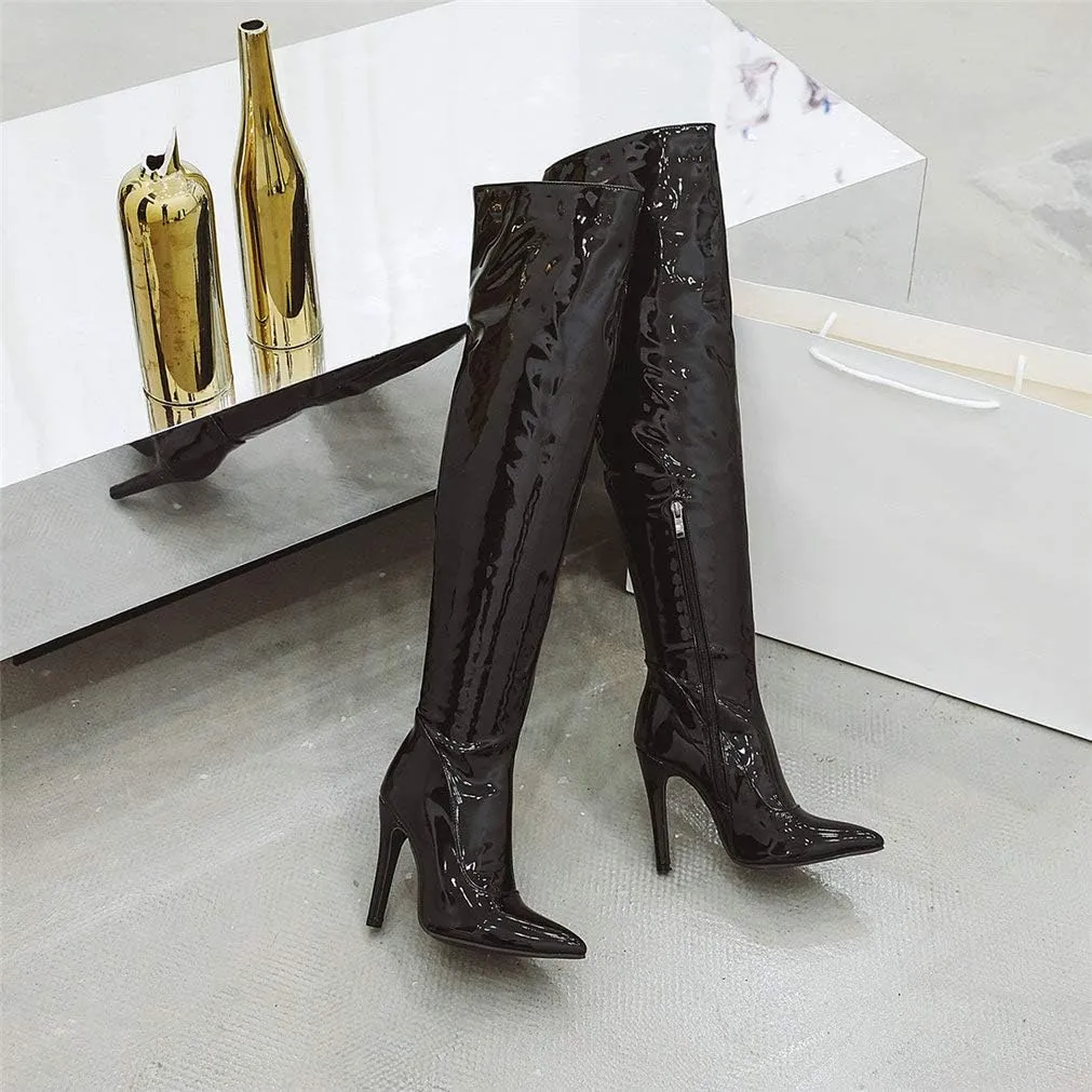 LUXMAX Women Patent Leather Thigh High Boots Stiletto High Heel Pointed Toe Stretch Over The Knee Boots