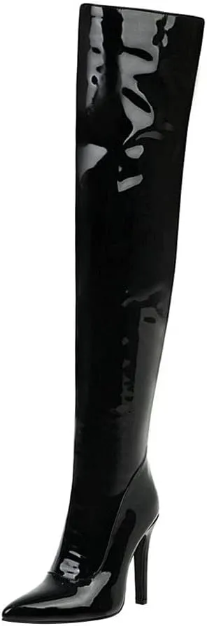 LUXMAX Women Patent Leather Thigh High Boots Stiletto High Heel Pointed Toe Stretch Over The Knee Boots