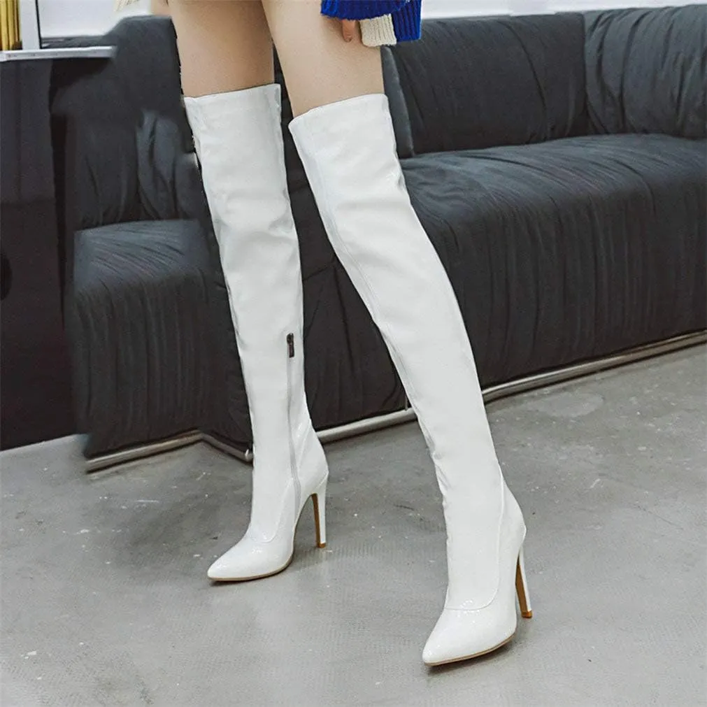 LUXMAX Women Patent Leather Thigh High Boots Stiletto High Heel Pointed Toe Stretch Over The Knee Boots