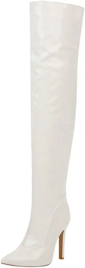 LUXMAX Women Patent Leather Thigh High Boots Stiletto High Heel Pointed Toe Stretch Over The Knee Boots