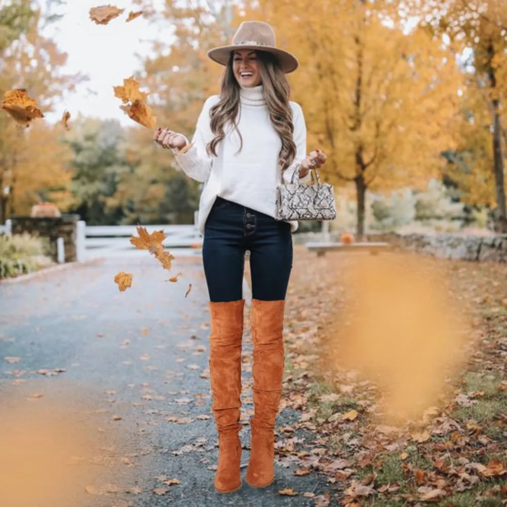 Mattiventon Over The Knee Boots Thigh High Block Heels for Women Stretch Suede Chunky boots with zipper