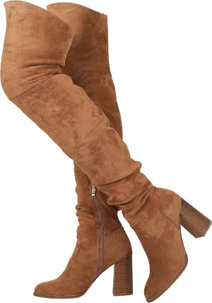 Mattiventon Over The Knee Boots Thigh High Block Heels for Women Stretch Suede Chunky boots with zipper