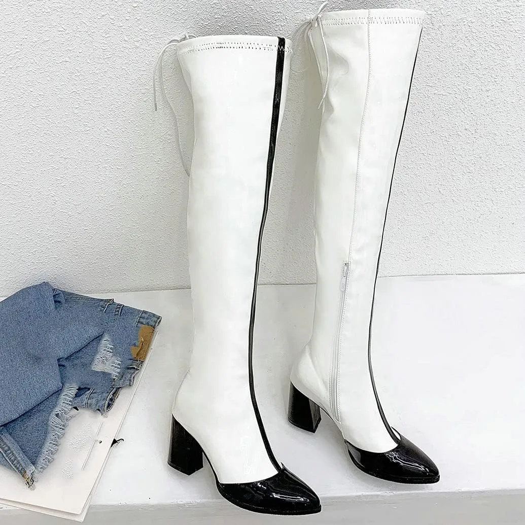 Meefit Women Patent Leather Thigh High Boots Pointed Toe Chunky Heel Over The Knee Boots