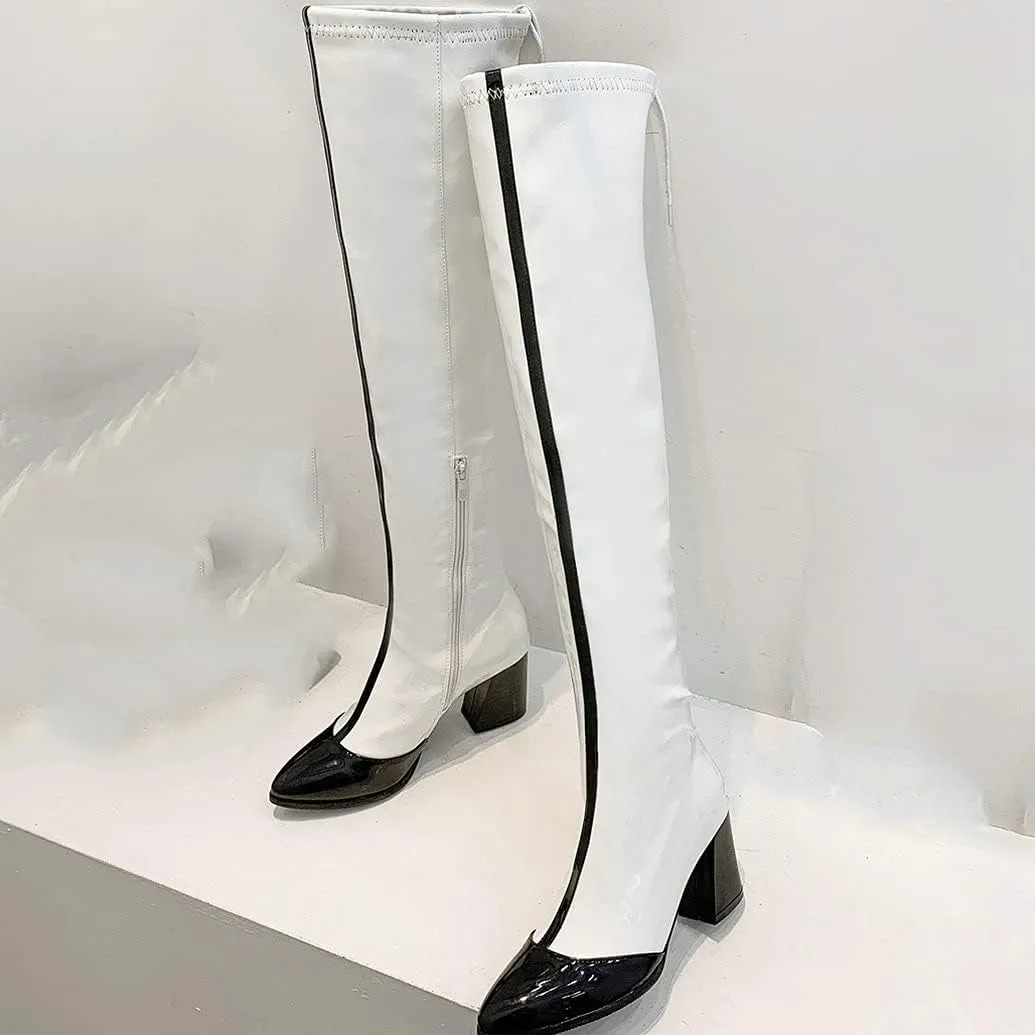 Meefit Women Patent Leather Thigh High Boots Pointed Toe Chunky Heel Over The Knee Boots