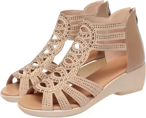 Mid-Heel Breathable Wedge Sandals Chic Summer Rhinestone Wedge Sandals for Women - Open Toe, Back Zipper, Breathable Fabric, Mid-Heel