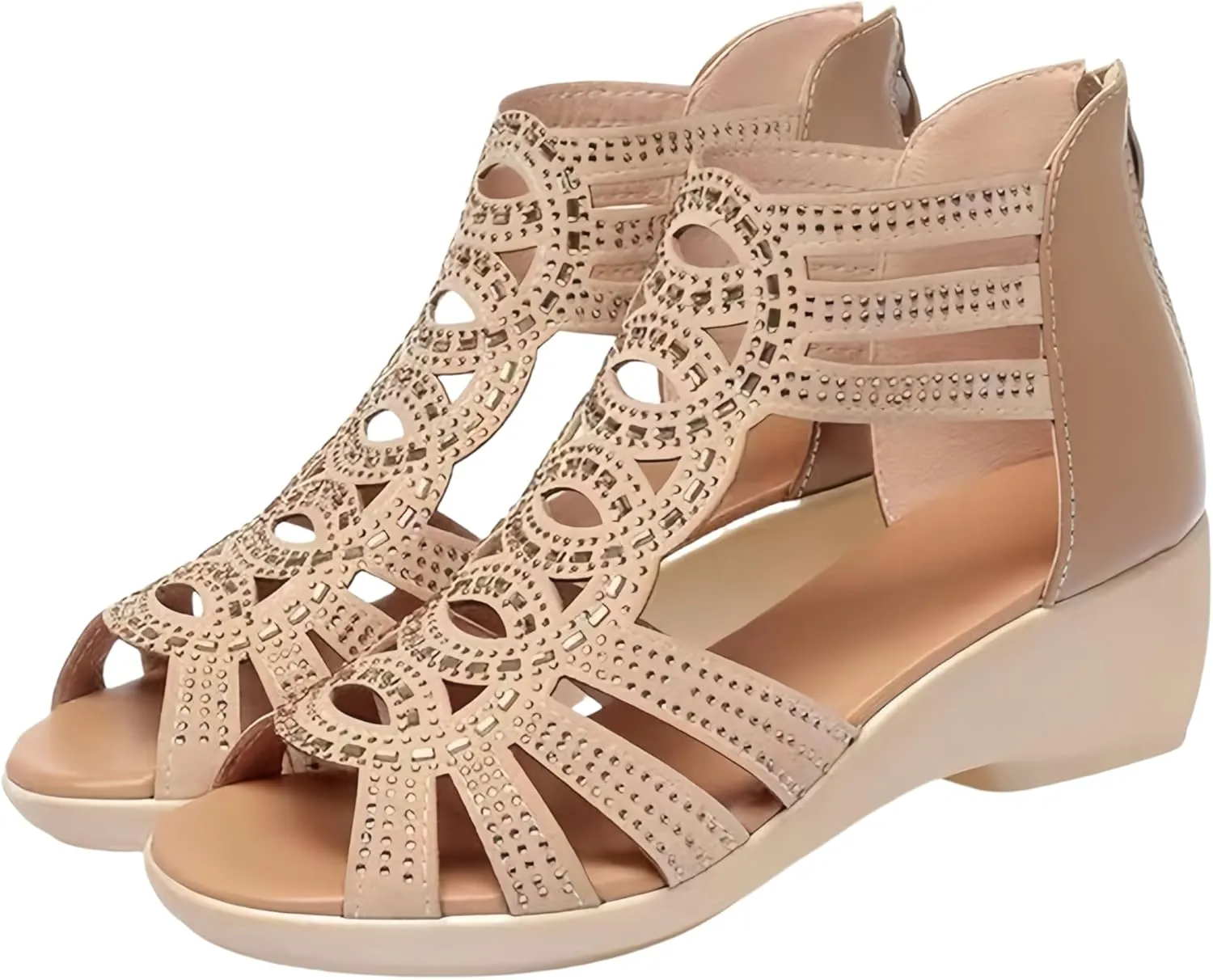 Mid-Heel Breathable Wedge Sandals Chic Summer Rhinestone Wedge Sandals for Women - Open Toe, Back Zipper, Breathable Fabric, Mid-Heel