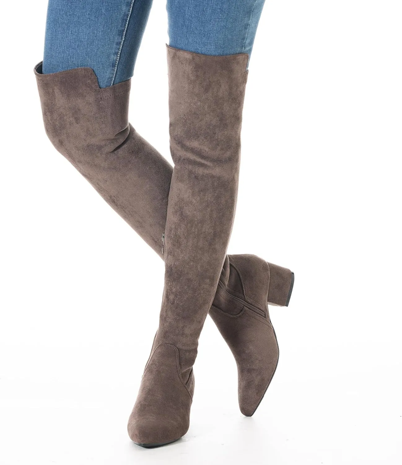 Mtzyoa Women Over The Knee Boots Suede Thigh High Low Block Heel Stretch OTK Walking Comfort
