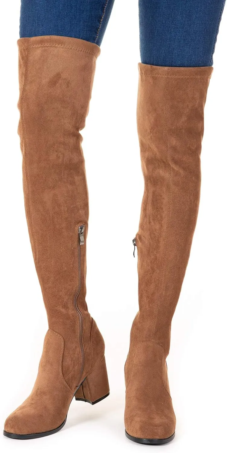 N.N.G Women Over Knee Boots Thigh High Suede Block Heel Lace Up Black Winter Long OTK Comfort