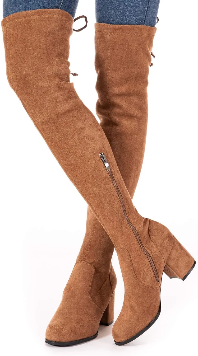 N.N.G Women Over Knee Boots Thigh High Suede Block Heel Lace Up Black Winter Long OTK Comfort