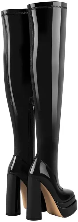 onlymaker Women's Chunky High Heeled Double Platform Zip up Over the Knee Boots