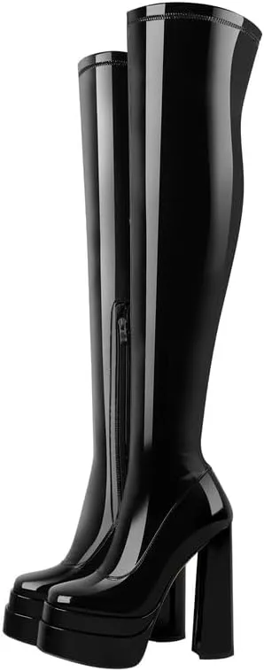 onlymaker Women's Chunky High Heeled Double Platform Zip up Over the Knee Boots