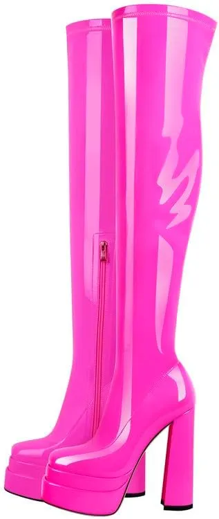 onlymaker Women's Chunky High Heeled Double Platform Zip up Over the Knee Boots