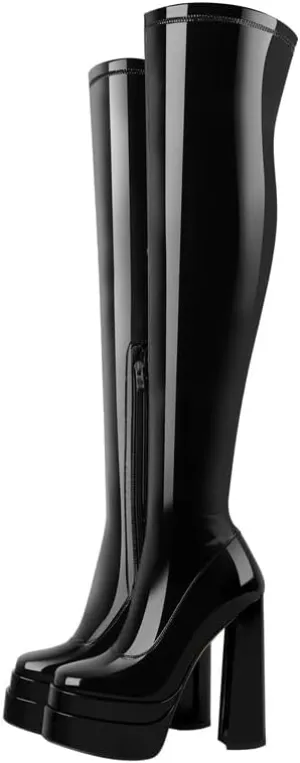 onlymaker Women's Chunky High Heeled Double Platform Zip up Over the Knee Boots